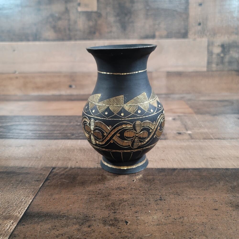 Vintage Unique Etched Blackened Brass 6" Vase